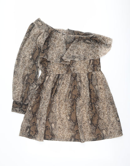 New Look Womens Brown Animal Print Polyester Fit & Flare Size 10 One Shoulder Pullover - Snake Print