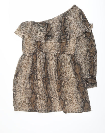 New Look Womens Brown Animal Print Polyester Fit & Flare Size 10 One Shoulder Pullover - Snake Print