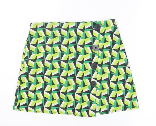 Boohoo Womens Green Geometric Polyester A-Line Skirt Size 10 Zip