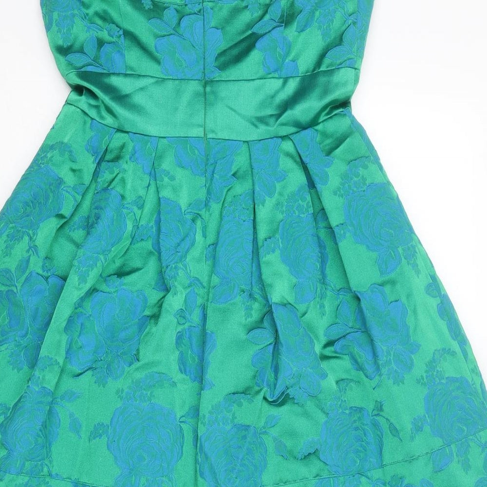Warehouse Womens Green Floral Cotton Fit & Flare Size 8 Sweetheart Zip - Tulle Under-skirt