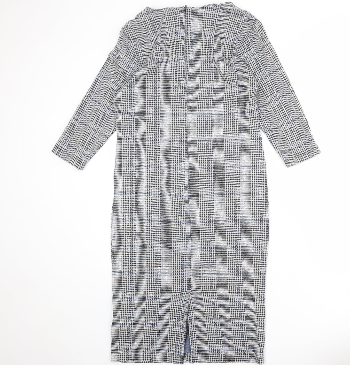 Marks and Spencer Womens Grey Plaid Polyester Shift Size 12 Round Neck Zip