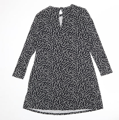 Marks and Spencer Womens Black Polka Dot Viscose A-Line Size 12 Round Neck Button