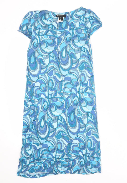 Mango Womens Blue Geometric Viscose A-Line Size S Boat Neck Pullover