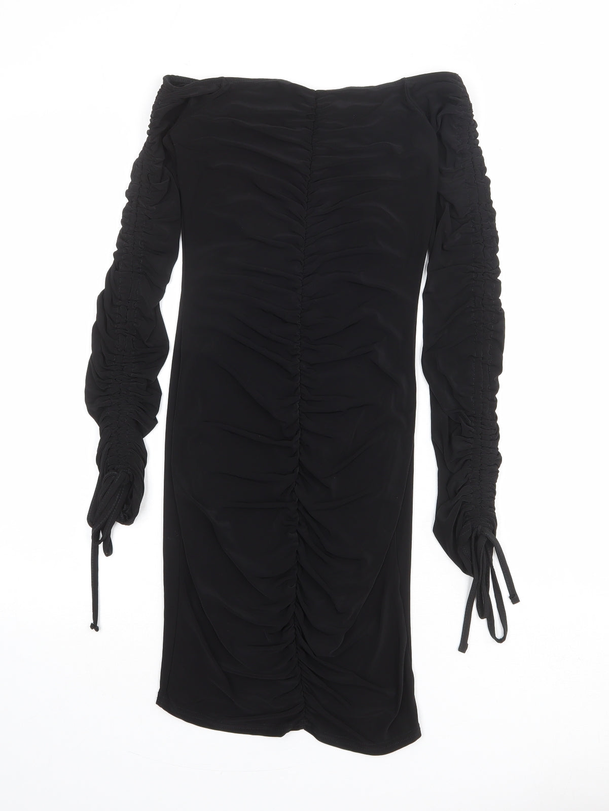 PRETTYLITTLETHING Womens Black Polyester Mini Size 6 Off the Shoulder Pullover - Tie Sleeve Detail