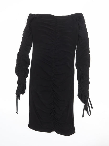 PRETTYLITTLETHING Womens Black Polyester Mini Size 6 Off the Shoulder Pullover - Tie Sleeve Detail