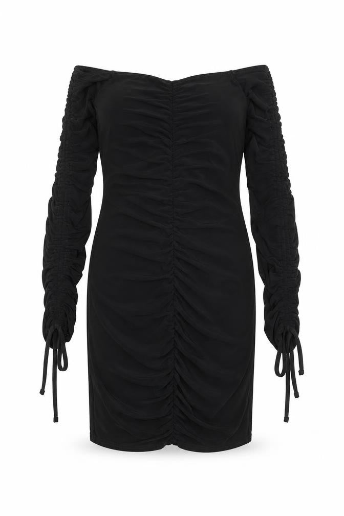 PRETTYLITTLETHING Womens Black Polyester Mini Size 6 Off the Shoulder Pullover - Tie Sleeve Detail