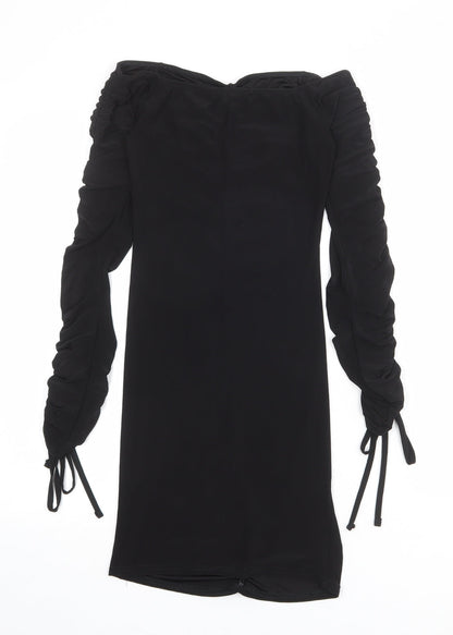 PRETTYLITTLETHING Womens Black Polyester Mini Size 6 Off the Shoulder Pullover - Tie Sleeve Detail