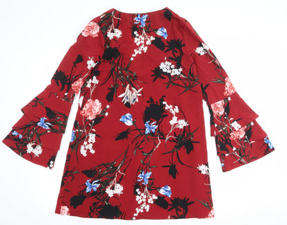 Lola May Womens Red Floral Polyester Trapeze & Swing Size 10 V-Neck Pullover