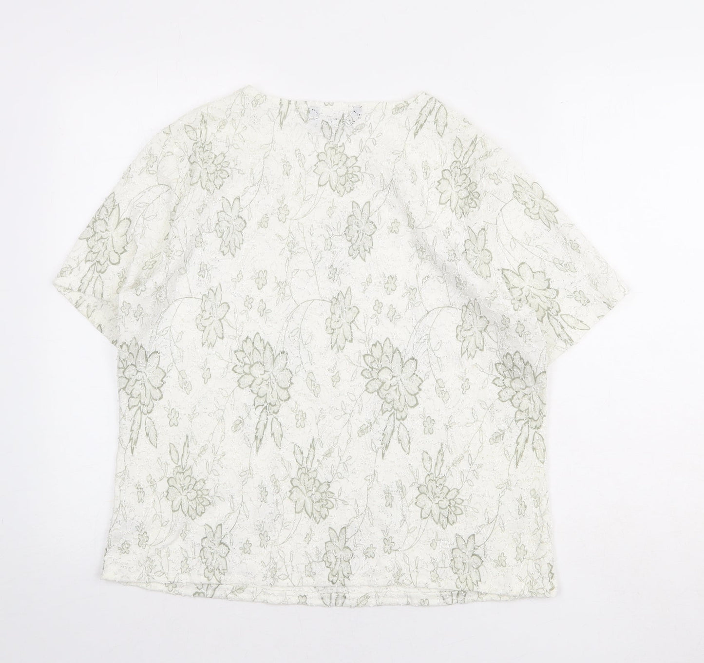 Bonmarché Womens White Floral Nylon Basic T-Shirt Size M Round Neck