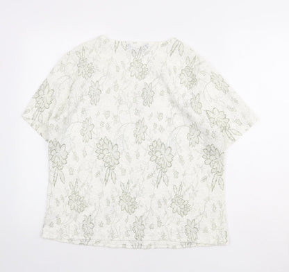 Bonmarché Womens White Floral Nylon Basic T-Shirt Size M Round Neck