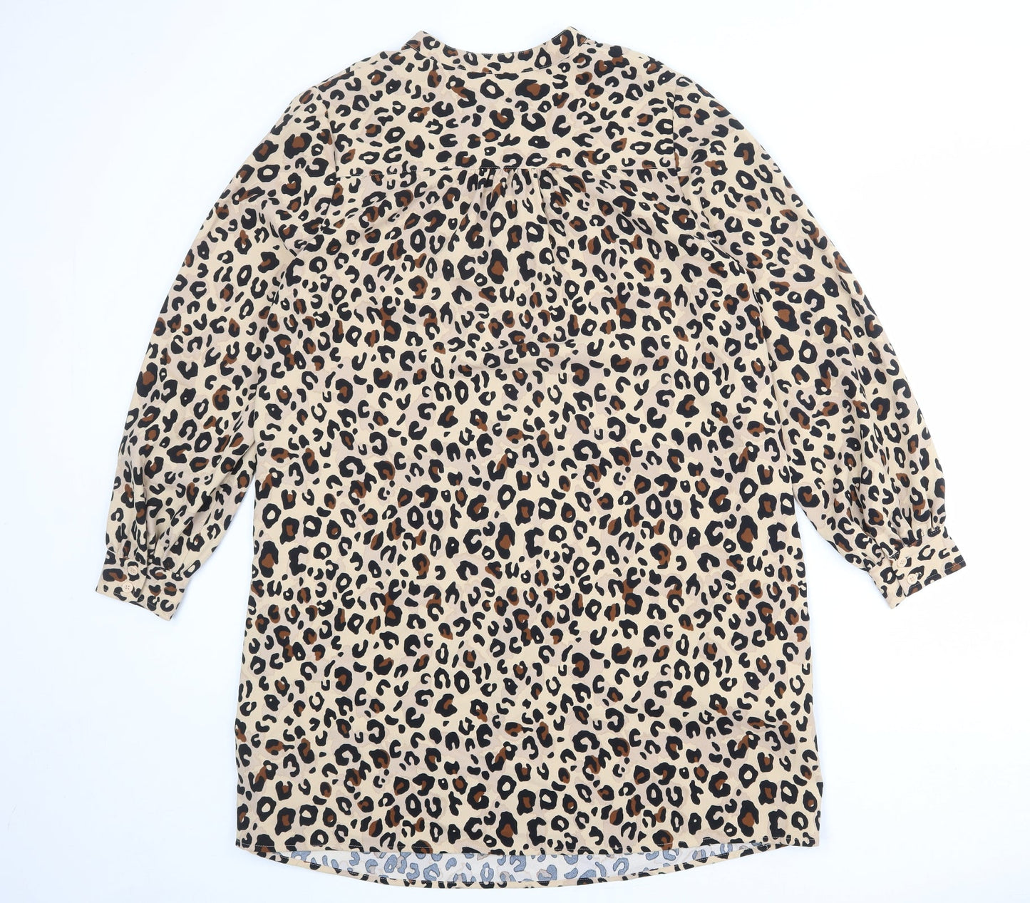 Marks and Spencer Womens Beige Animal Print Polyester Shift Size 14 V-Neck Button - Leopard Print