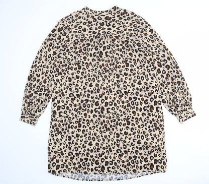 Marks and Spencer Womens Beige Animal Print Polyester Shift Size 14 V-Neck Button - Leopard Print