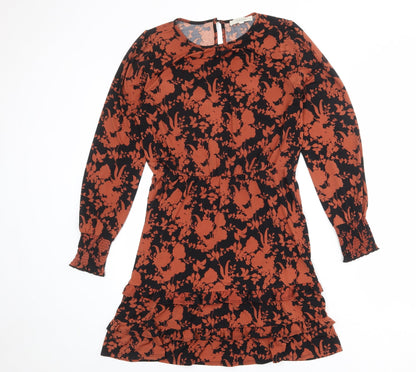 Oasis Womens Black Floral Polyester Fit & Flare Size S Round Neck Button