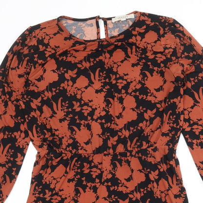 Oasis Womens Black Floral Polyester Fit & Flare Size S Round Neck Button