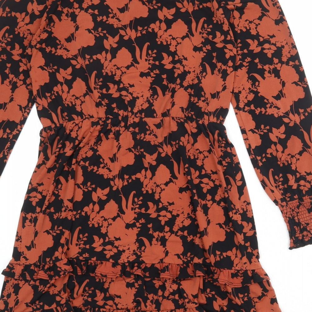 Oasis Womens Black Floral Polyester Fit & Flare Size S Round Neck Button