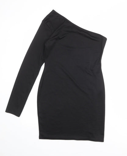 PRETTYLITTLETHING Womens Black Polyester Bodycon Size 12 One Shoulder Pullover
