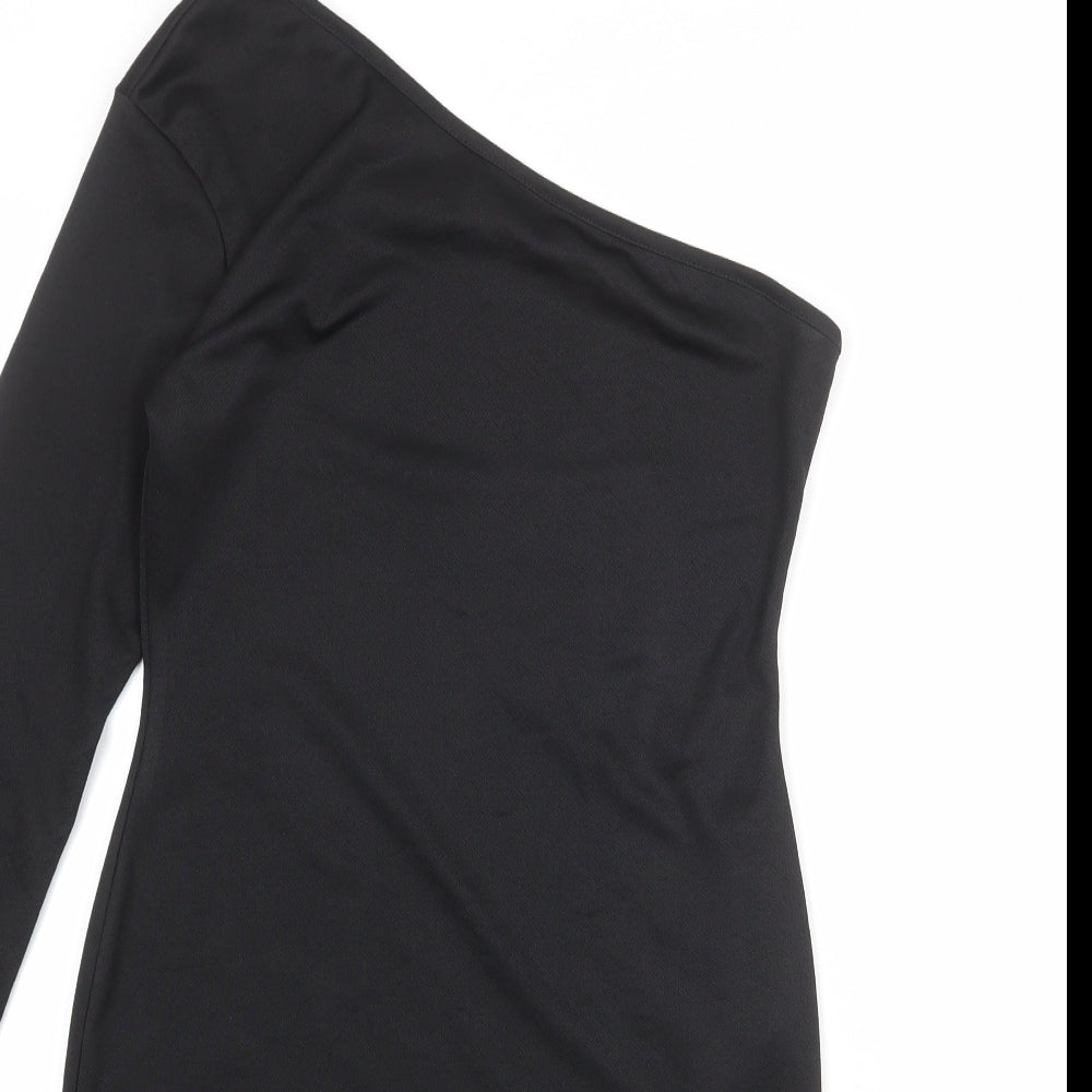 PRETTYLITTLETHING Womens Black Polyester Bodycon Size 12 One Shoulder Pullover