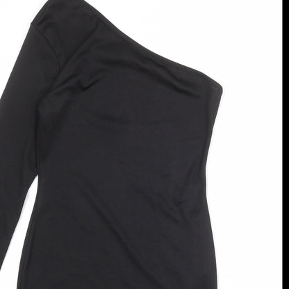 PRETTYLITTLETHING Womens Black Polyester Bodycon Size 12 One Shoulder Pullover