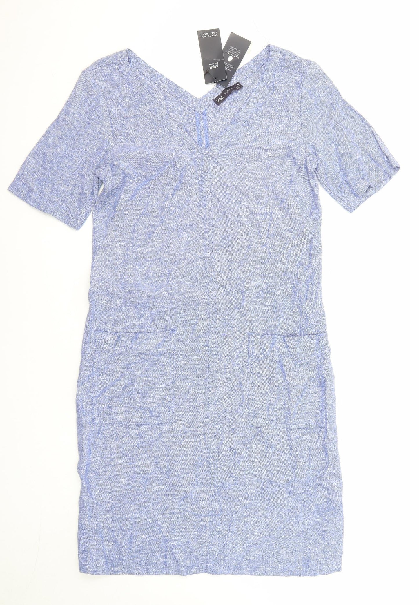 Marks and Spencer Womens Blue Linen Pencil Dress Size 6 V-Neck Pullover