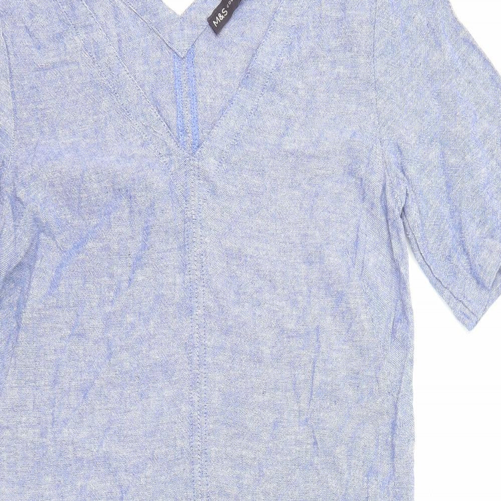 Marks and Spencer Womens Blue Linen Pencil Dress Size 6 V-Neck Pullover