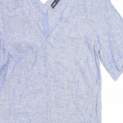 Marks and Spencer Womens Blue Linen Pencil Dress Size 6 V-Neck Pullover