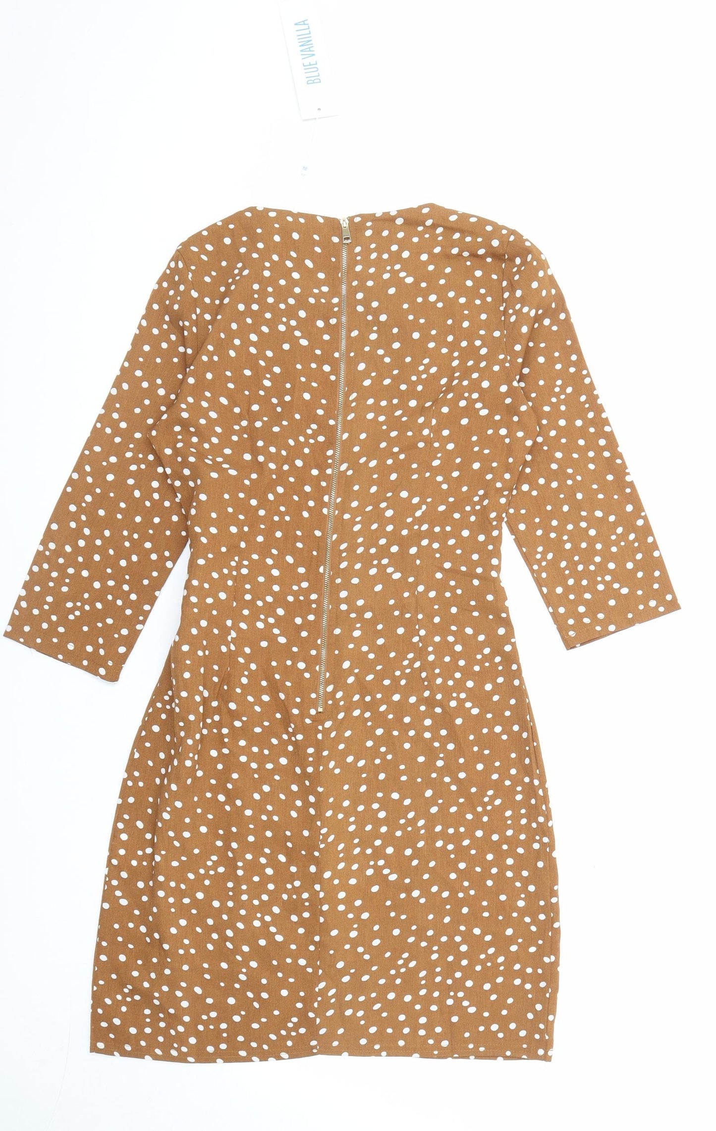 Blue Vanilla Womens Brown Polka Dot Polyester Pencil Dress Size 10 Boat Neck Zip - Spotted
