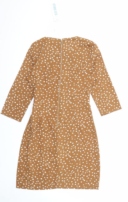 Blue Vanilla Womens Brown Polka Dot Polyester Pencil Dress Size 10 Boat Neck Zip - Spotted