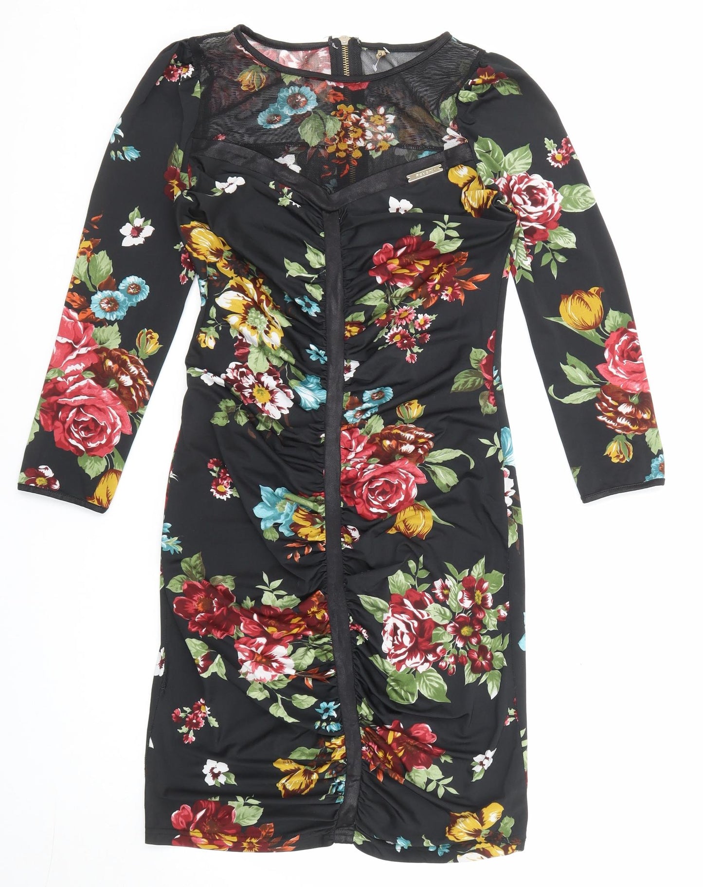 Favori Womens Black Floral Polyester Bodycon Size 8 Boat Neck Zip - Mesh Panel