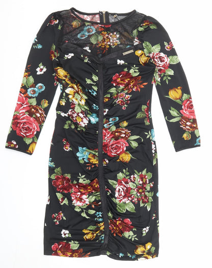Favori Womens Black Floral Polyester Bodycon Size 8 Boat Neck Zip - Mesh Panel