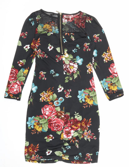 Favori Womens Black Floral Polyester Bodycon Size 8 Boat Neck Zip - Mesh Panel