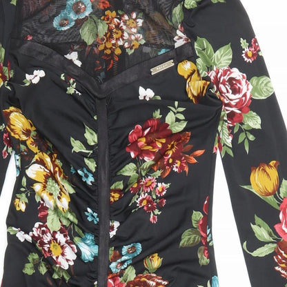Favori Womens Black Floral Polyester Bodycon Size 8 Boat Neck Zip - Mesh Panel