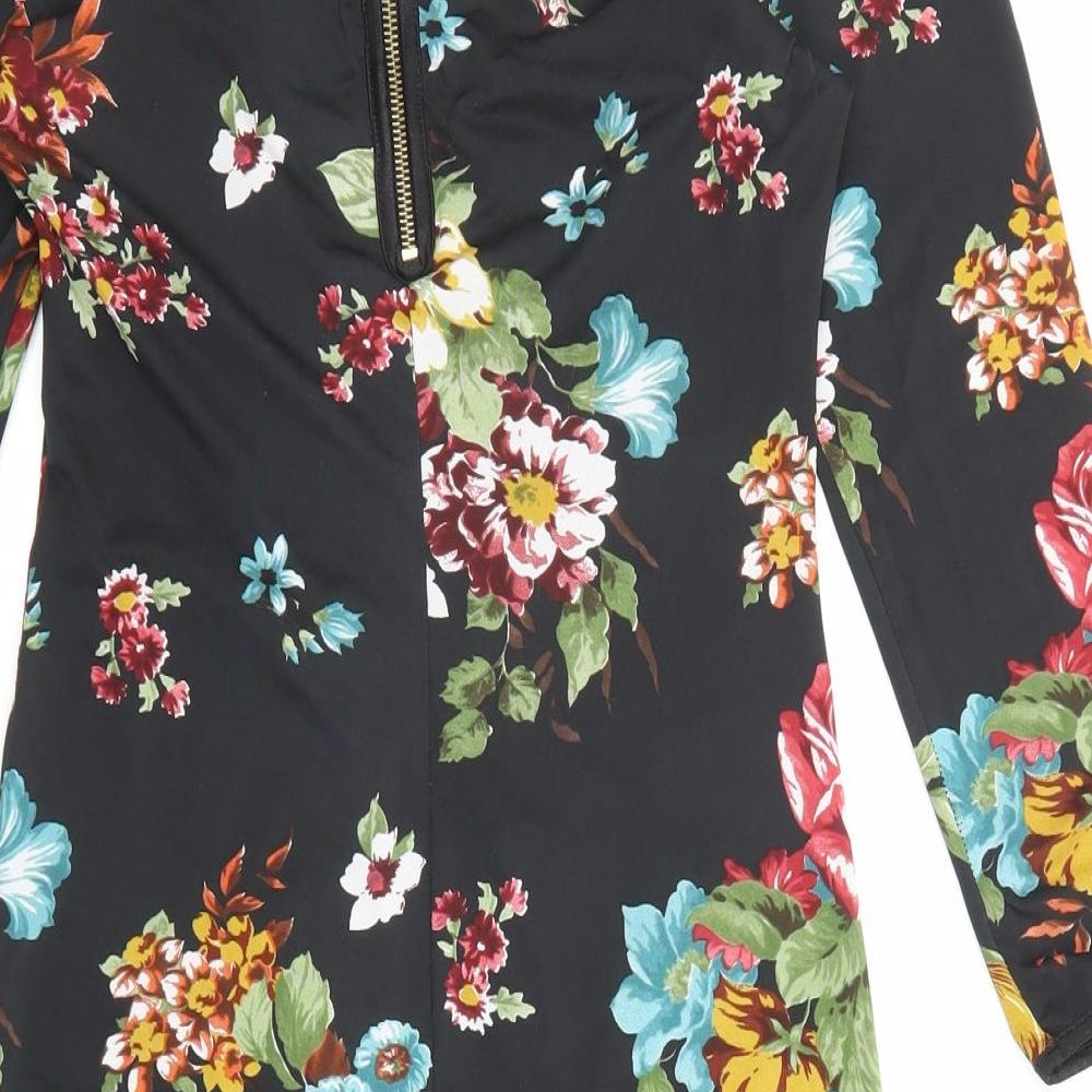 Favori Womens Black Floral Polyester Bodycon Size 8 Boat Neck Zip - Mesh Panel