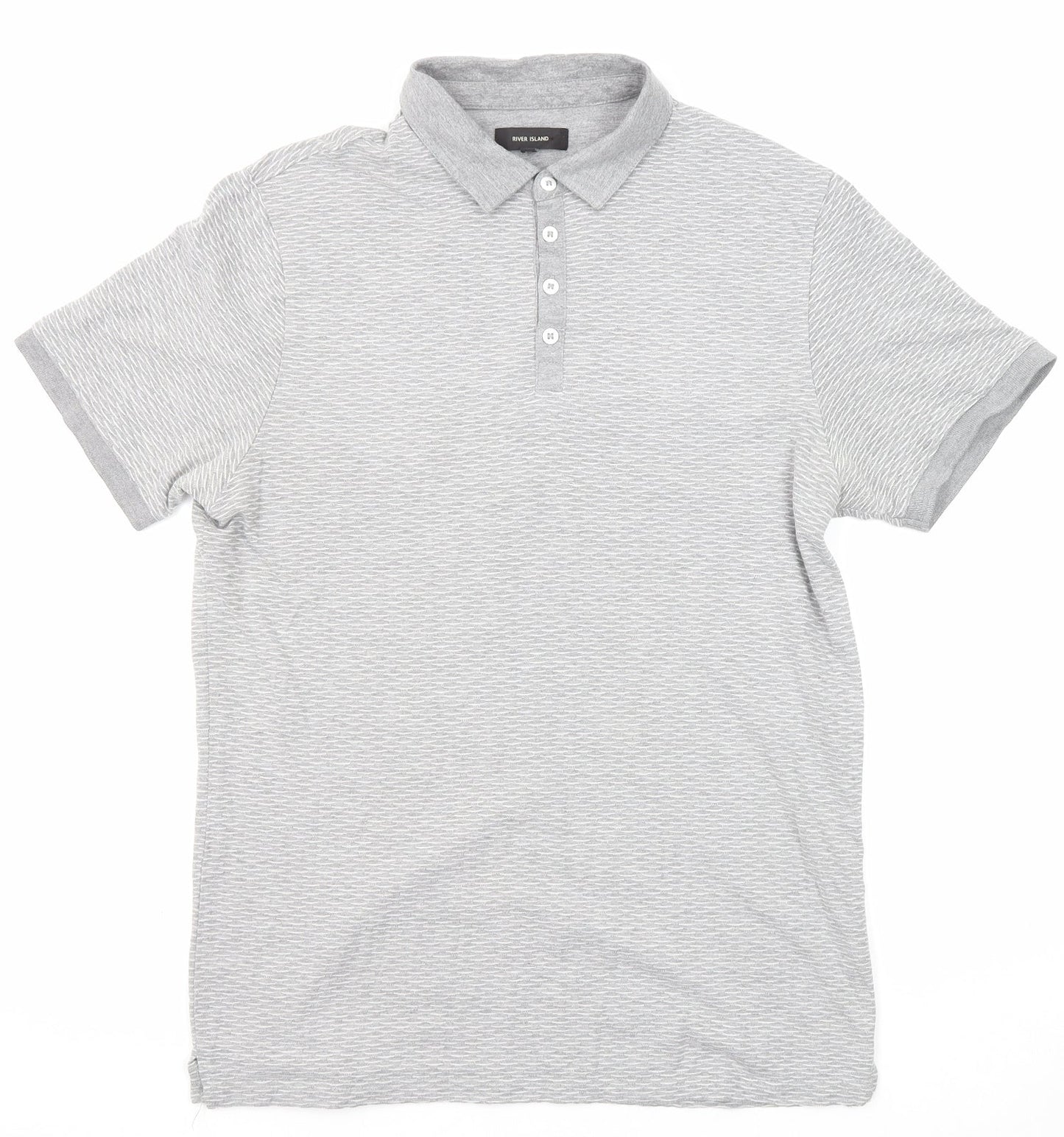River Island Mens Grey Geometric Cotton Polo Size M Collared Button