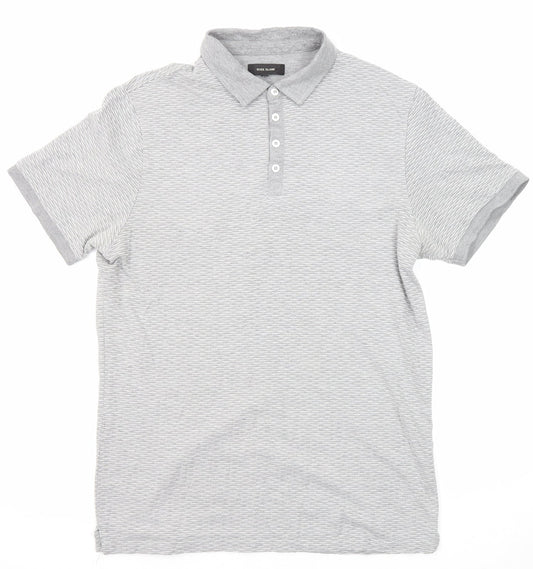 River Island Mens Grey Geometric Cotton Polo Size M Collared Button