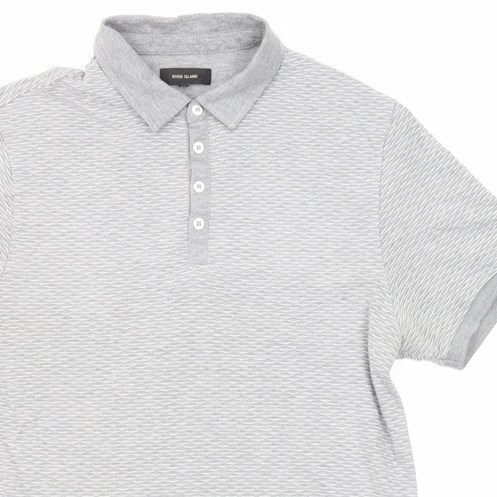 River Island Mens Grey Geometric Cotton Polo Size M Collared Button