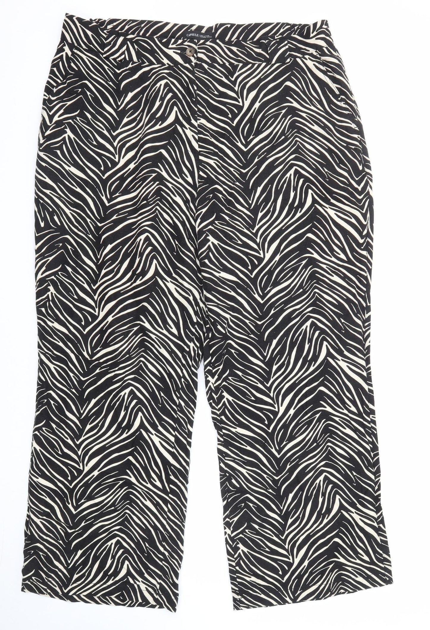 Capsule Womens Black Animal Print Linen Trousers Size 38 in Regular Zip