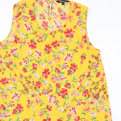 Bonmarché Womens Orange Floral Polyester Basic Blouse Size 16 Round Neck - Tie Front