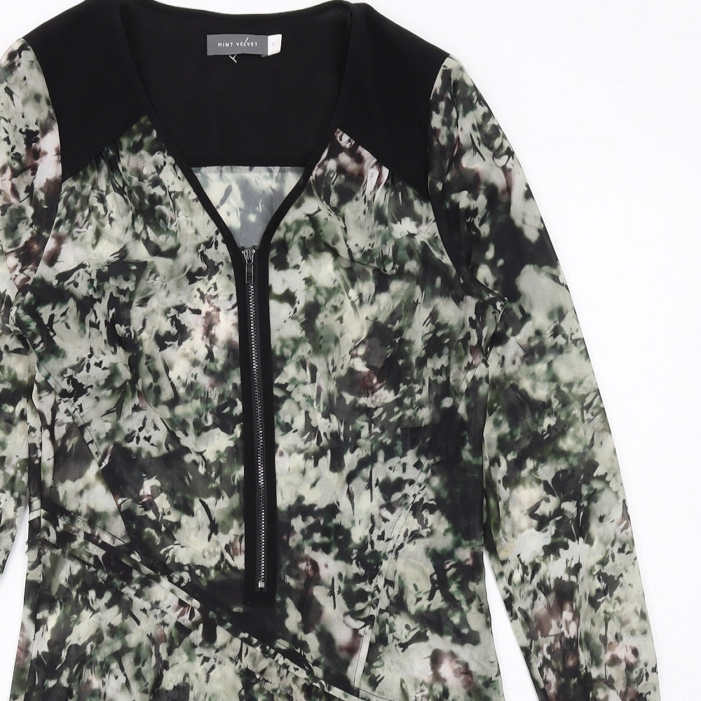 Mint Velvet Womens Green Geometric Polyester Shirt Dress Size 8 V-Neck Zip