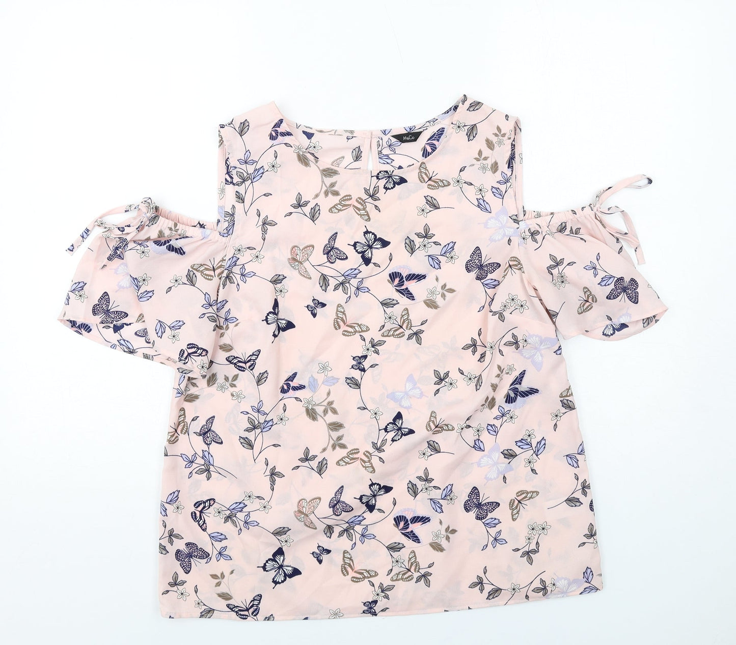 M&Co Womens Pink Geometric Polyester Basic Blouse Size 12 Round Neck - Butterfly Pattern Cold Shoulder