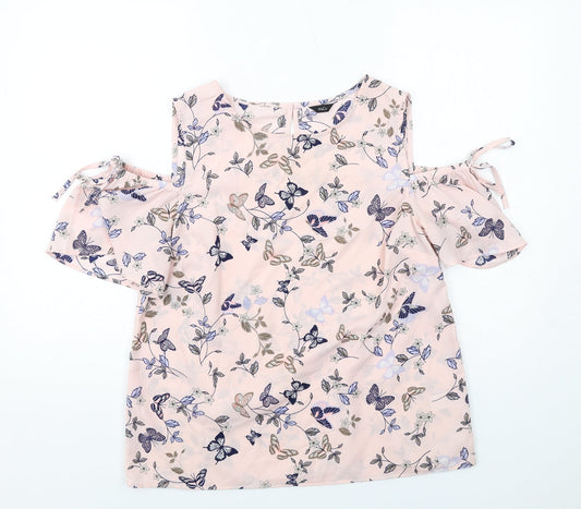 M&Co Womens Pink Geometric Polyester Basic Blouse Size 12 Round Neck - Butterfly Pattern Cold Shoulder