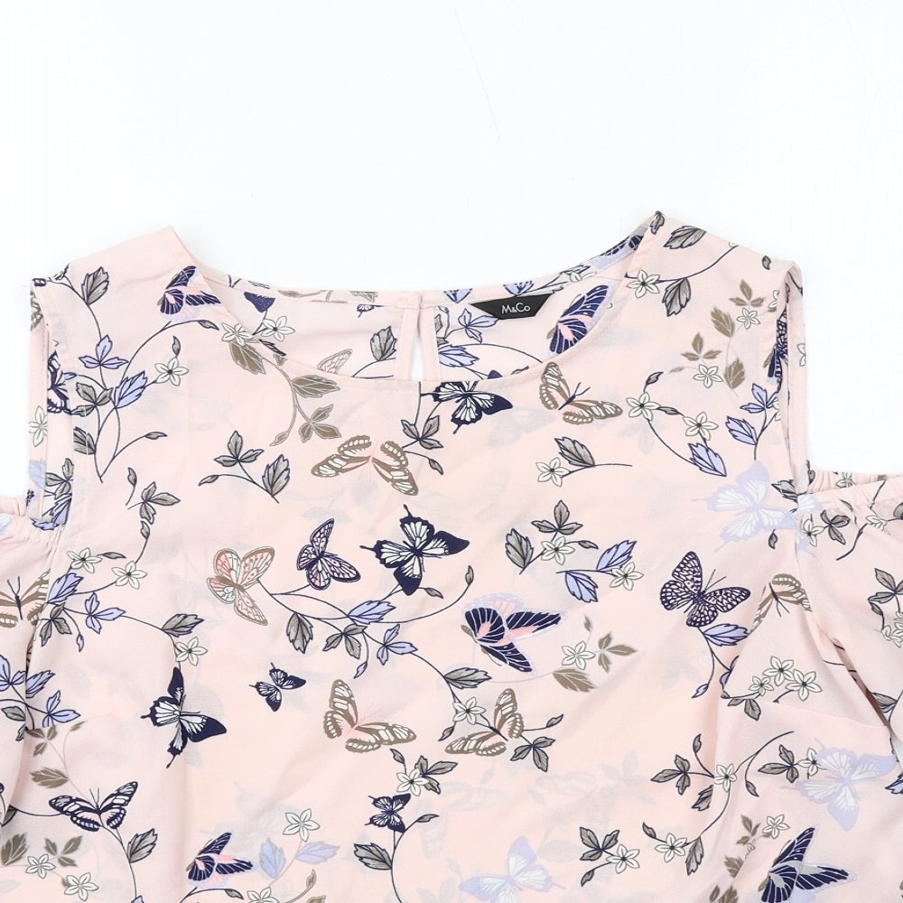 M&Co Womens Pink Geometric Polyester Basic Blouse Size 12 Round Neck - Butterfly Pattern Cold Shoulder
