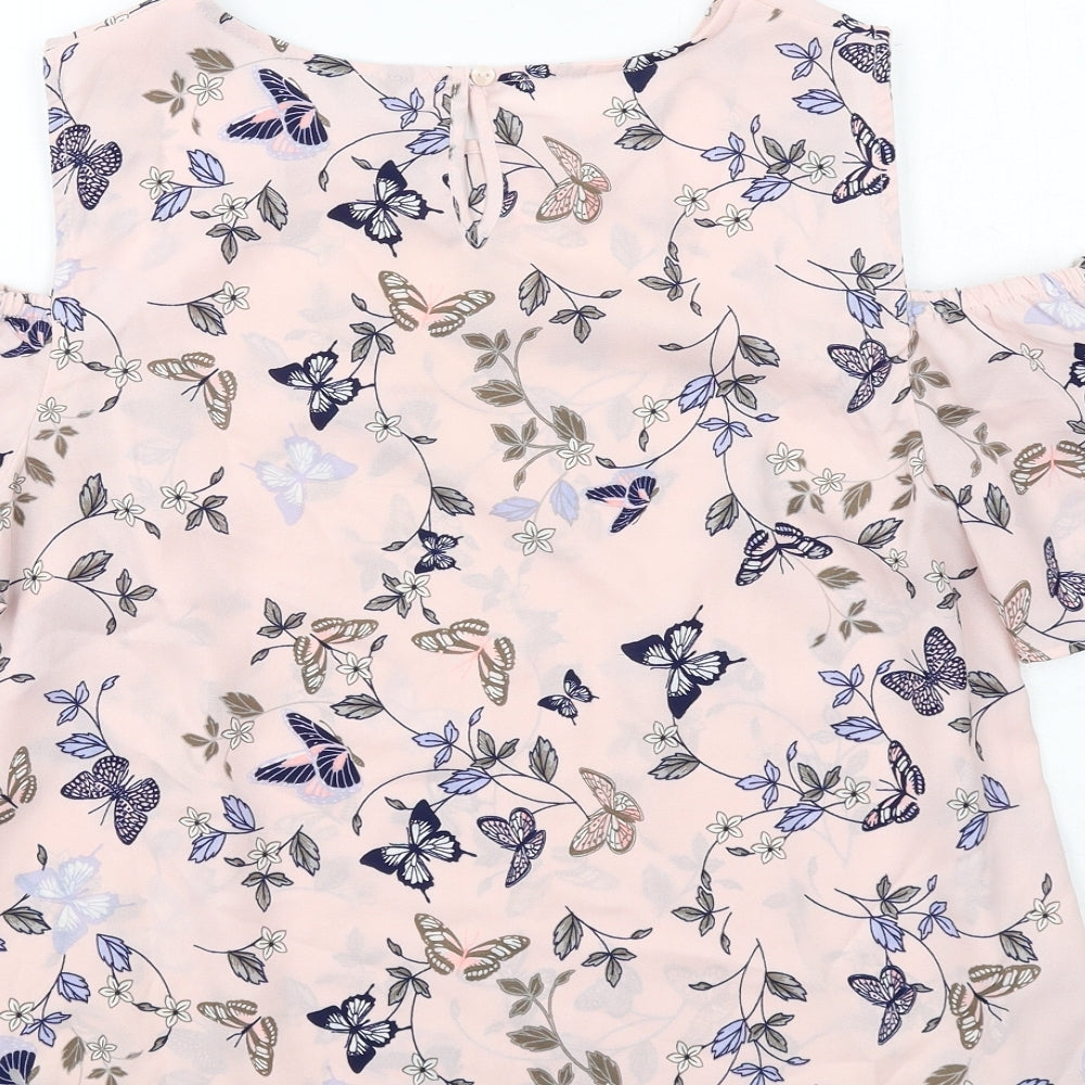 M&Co Womens Pink Geometric Polyester Basic Blouse Size 12 Round Neck - Butterfly Pattern Cold Shoulder