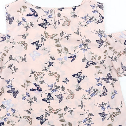 M&Co Womens Pink Geometric Polyester Basic Blouse Size 12 Round Neck - Butterfly Pattern Cold Shoulder