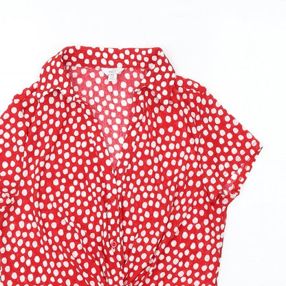 M&Co Womens Red Polka Dot Polyester Basic Button-Up Size 12 Collared