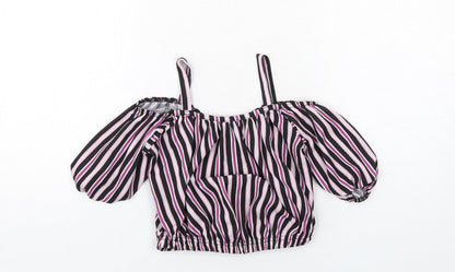 M&Co Girls Black Striped Polyester Cropped Blouse Size 9 Years Round Neck Pullover - Cold Shoulder