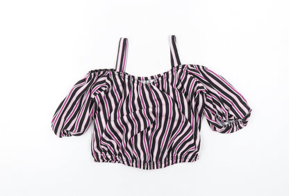 M&Co Girls Black Striped Polyester Cropped Blouse Size 9 Years Round Neck Pullover - Cold Shoulder