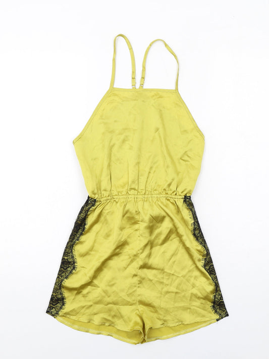 PRETTYLITTLETHING Womens Green Polyester Playsuit One-Piece Size 6 Pullover - Lace Details, Open Back