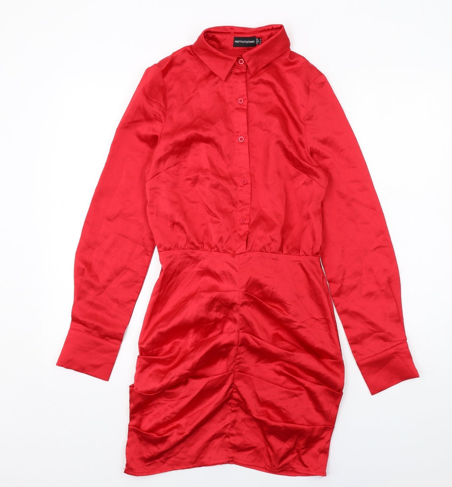 PRETTYLITTLETHING Womens Red Polyester Shirt Dress Size 8 Collared Button