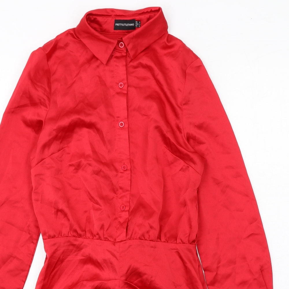 PRETTYLITTLETHING Womens Red Polyester Shirt Dress Size 8 Collared Button