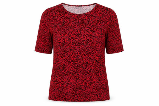 Front view of Principles women’s red animal print viscose basic t-shirt, size UK 10, round neck - leopard print